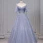 Chic Ball Gown Strapless Blue Tulle Long Prom Dresses With Beads Party Dress C3209