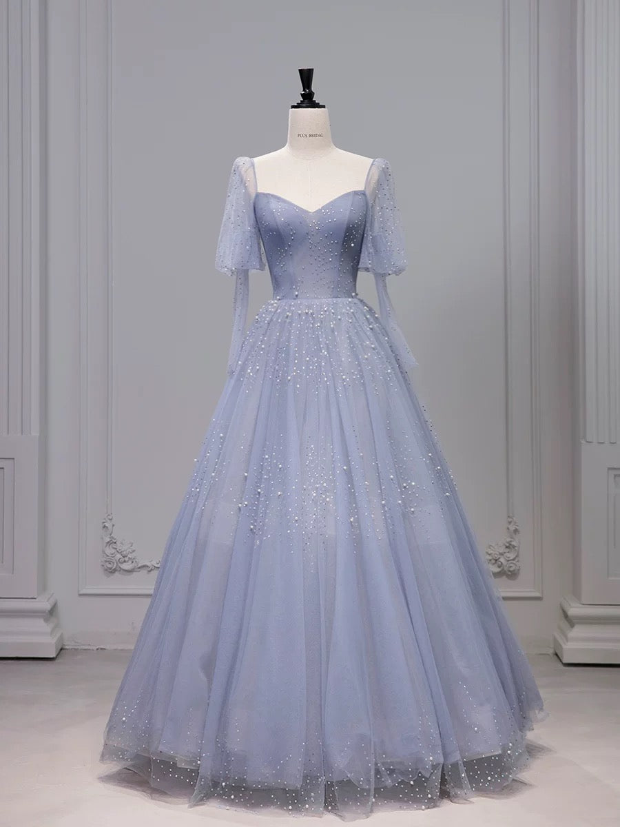 Chic Ball Gown Strapless Blue Tulle Long Prom Dresses With Beads Party Dress C3209