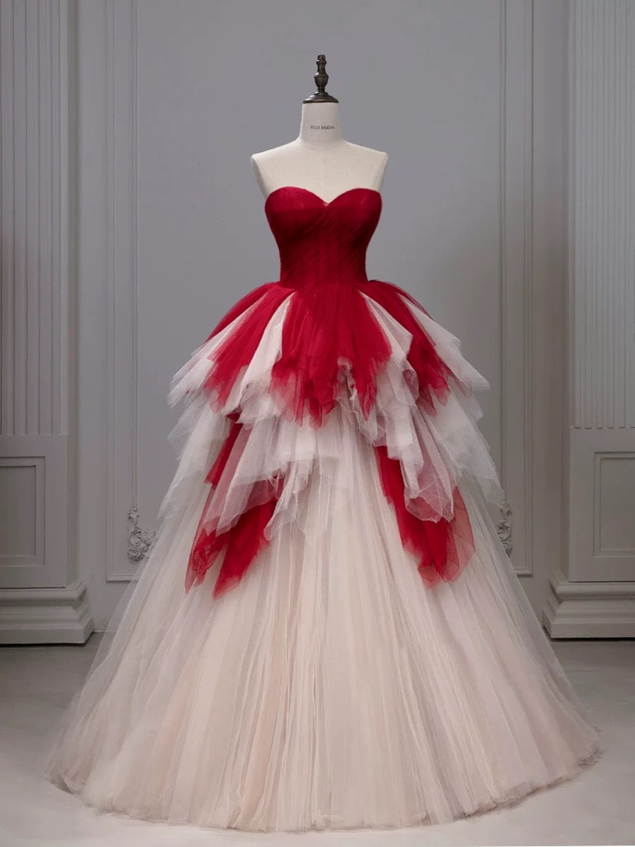 Pretty Ball Gown Sweetheart Tulle Long Red Layers Prom Dresses Sweet 16 Dresses C3210