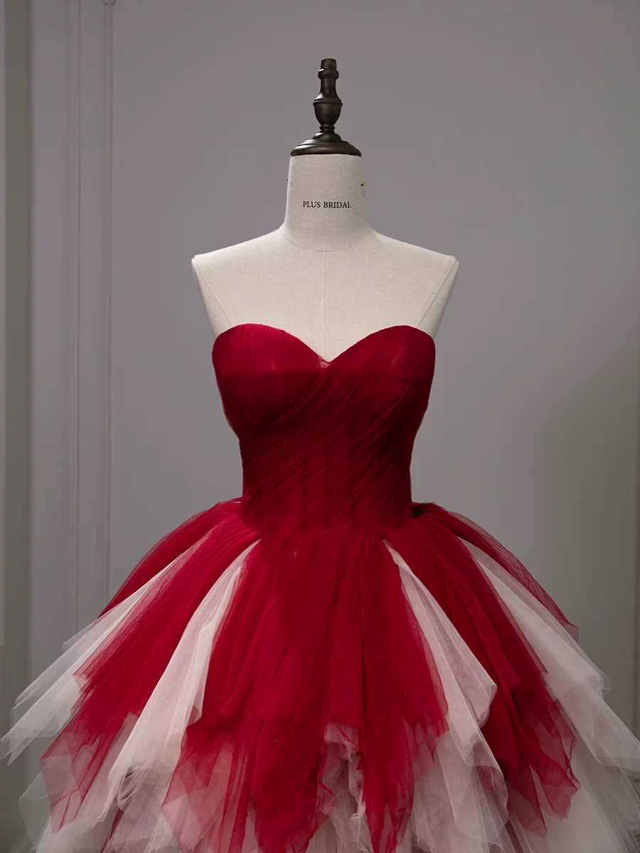 Pretty Ball Gown Sweetheart Tulle Long Red Layers Prom Dresses Sweet 16 Dresses C3210