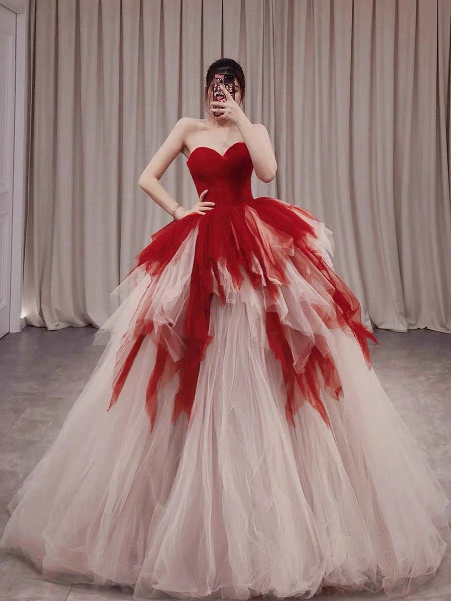 Pretty Ball Gown Sweetheart Tulle Long Red Layers Prom Dresses Sweet 16 Dresses C3210