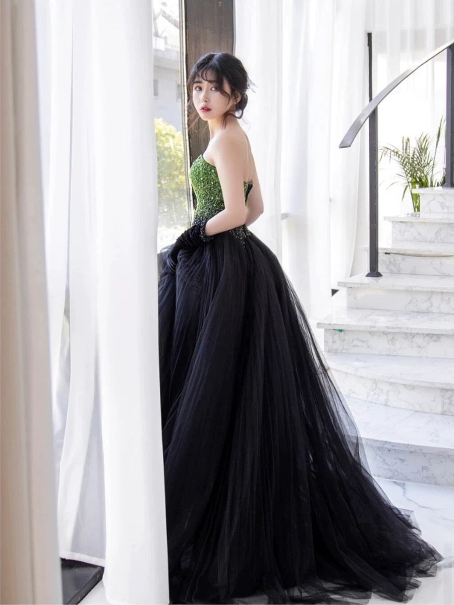 Pretty Ball Gown Sweetheart Tulle Long Black Ruffles Prom Dresses Sweet 16 Dresses C3211