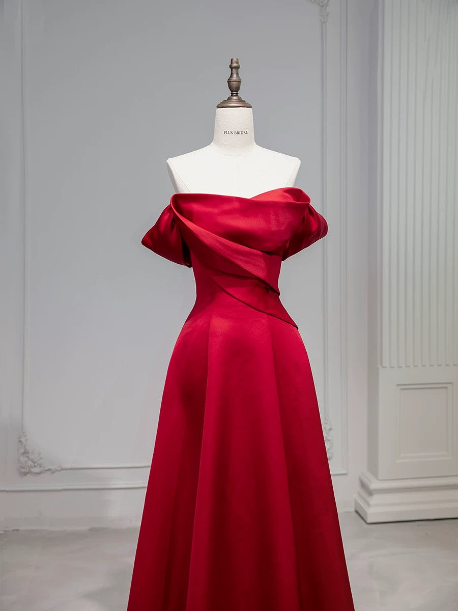 Elegant A line Off The Shoulder Red Satin Party Dress Prom Dresses Evening Dress C3212