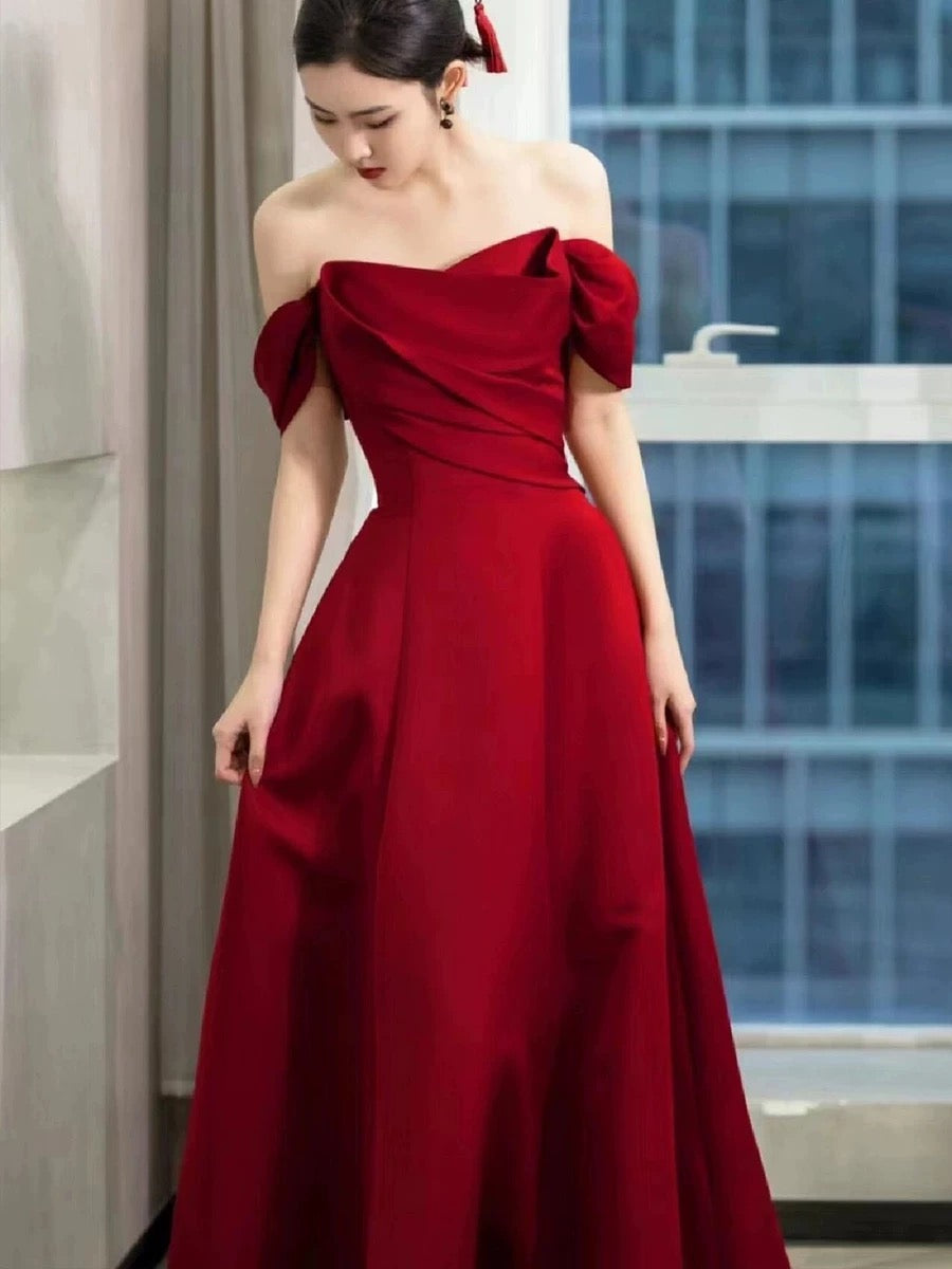 Elegant A line Off The Shoulder Red Satin Party Dress Prom Dresses Evening Dress C3212