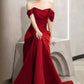 Elegant A line Off The Shoulder Red Satin Party Dress Prom Dresses Evening Dress C3212