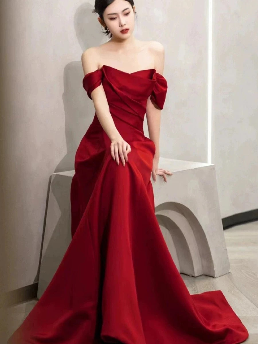 Elegant A line Off The Shoulder Red Satin Party Dress Prom Dresses Evening Dress C3212