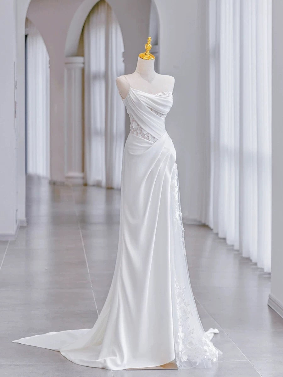 Chic Sheath Strapless Sleeveless White Satin Wedding Dresses With Ruffles C3216