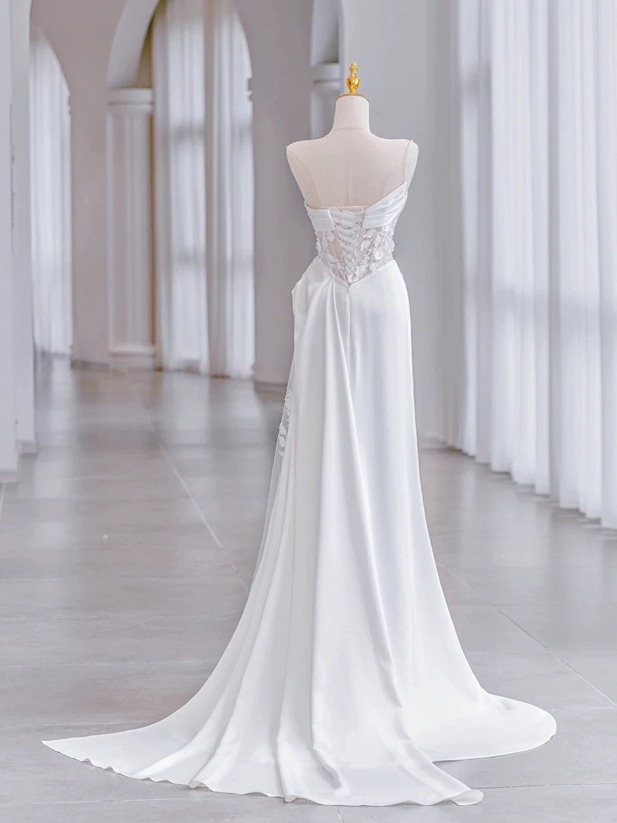 Chic Sheath Strapless Sleeveless White Satin Wedding Dresses With Ruffles C3216