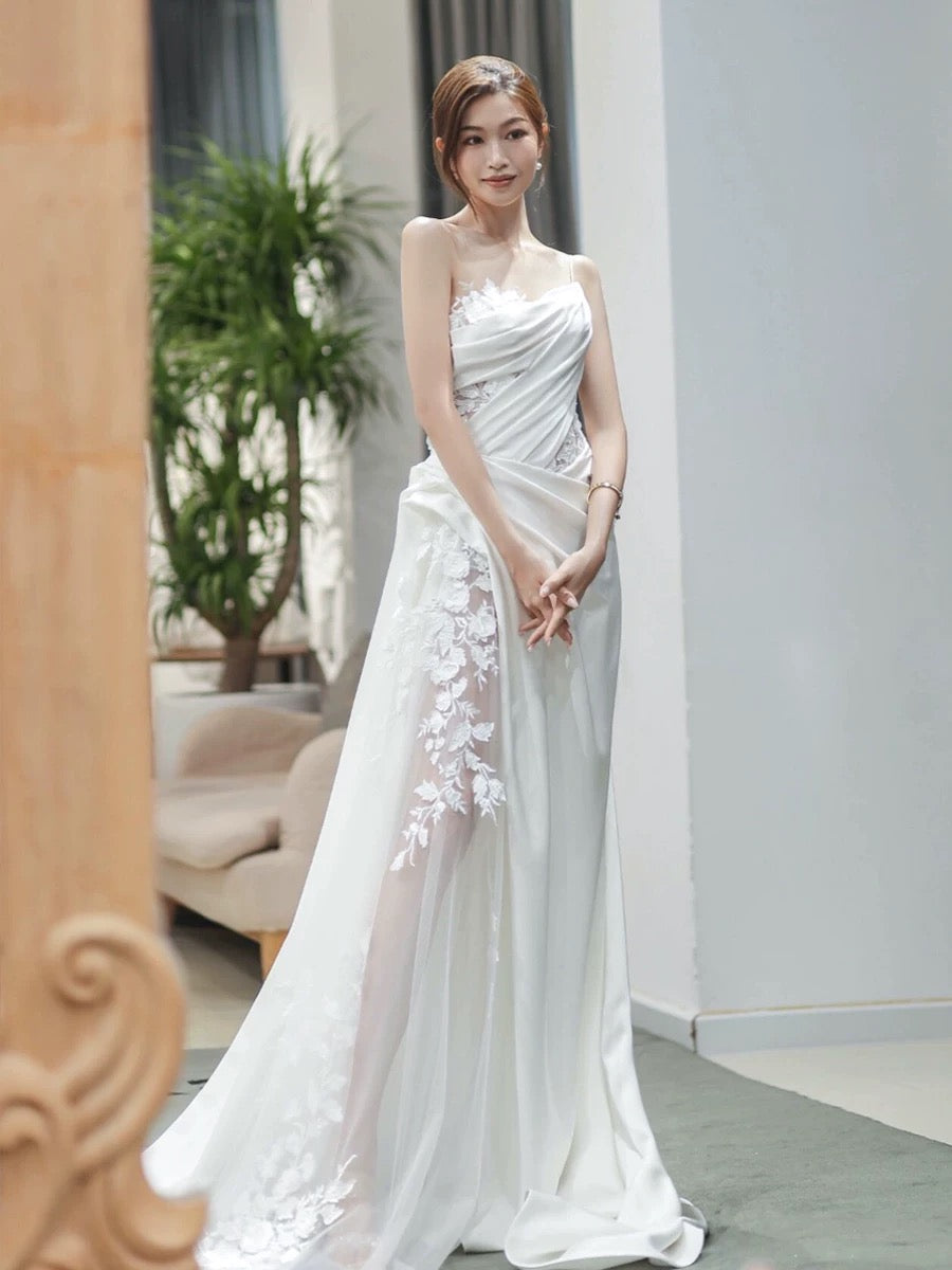 Chic Sheath Strapless Sleeveless White Satin Wedding Dresses With Ruffles C3216