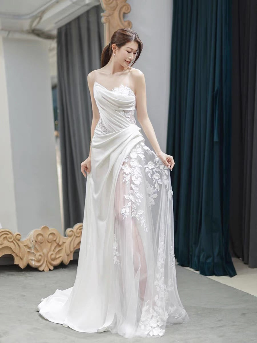 Chic Sheath Strapless Sleeveless White Satin Wedding Dresses With Ruffles C3216