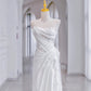 Chic Sheath Strapless Sleeveless White Satin Wedding Dresses With Ruffles C3216