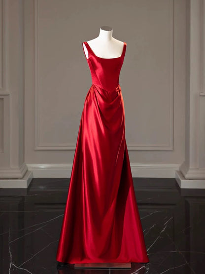 Simple A-line Square Neckline Satin Red Long Evening Dress Prom Dress C3218