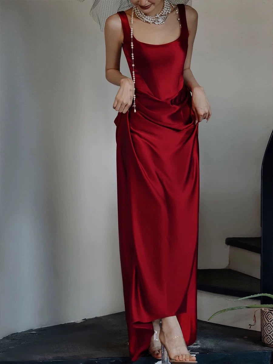 Simple A-line Square Neckline Satin Red Long Evening Dress Prom Dress C3218