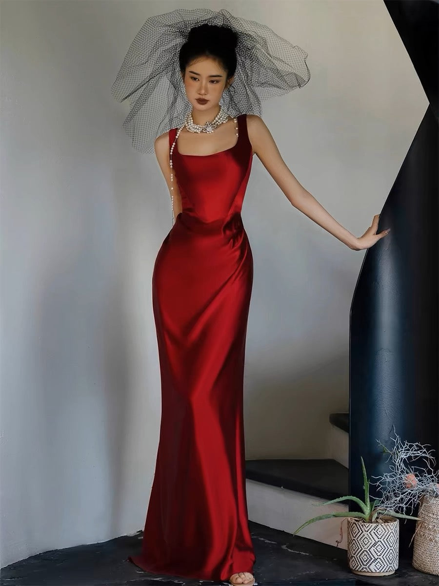 Simple A-line Square Neckline Satin Red Long Evening Dress Prom Dress C3218