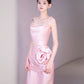 Simple A-line Spaghetti Straps Satin Pink Long Evening Dress Prom Dress C3221