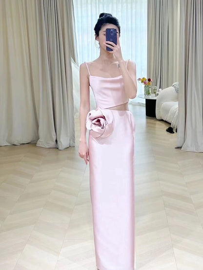 Simple A-line Spaghetti Straps Satin Pink Long Evening Dress Prom Dress C3221