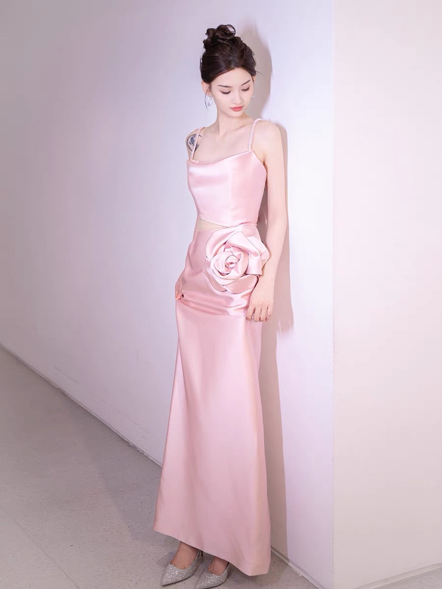 Simple A-line Spaghetti Straps Satin Pink Long Evening Dress Prom Dress C3221