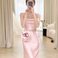 Simple A-line Spaghetti Straps Satin Pink Long Evening Dress Prom Dress C3221