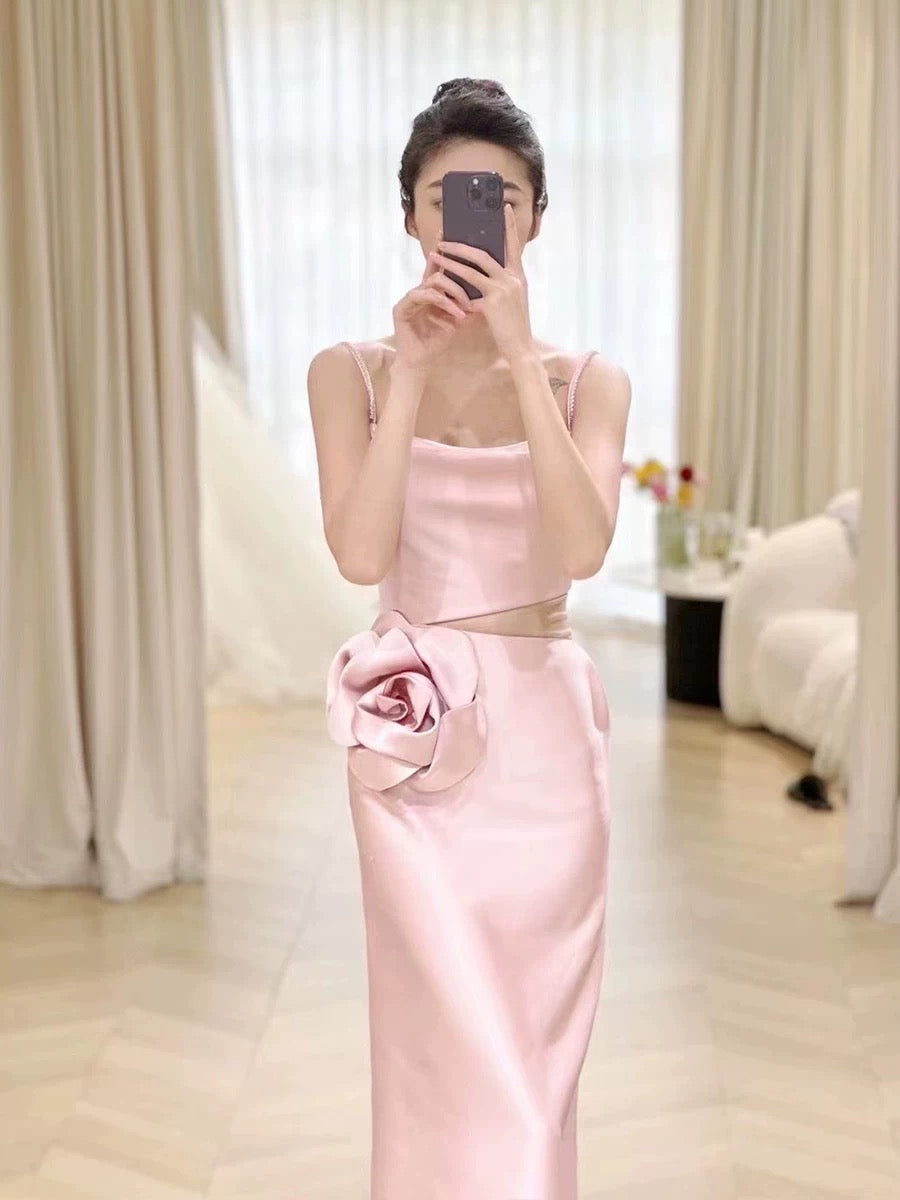 Simple A-line Spaghetti Straps Satin Pink Long Evening Dress Prom Dress C3221