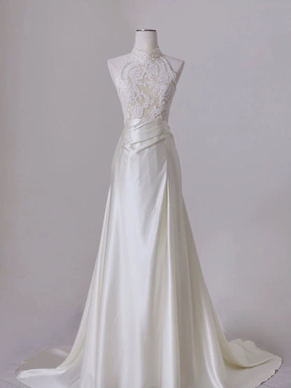 Chic A line High Neckline Sleeveless White Satin Wedding Dresses With Ruffles C3222