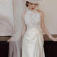 Chic A line High Neckline Sleeveless White Satin Wedding Dresses With Ruffles C3222