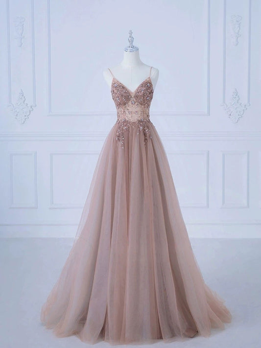 Robe de soirée longue élégante en tulle à bretelles spaghetti et ligne A C3226