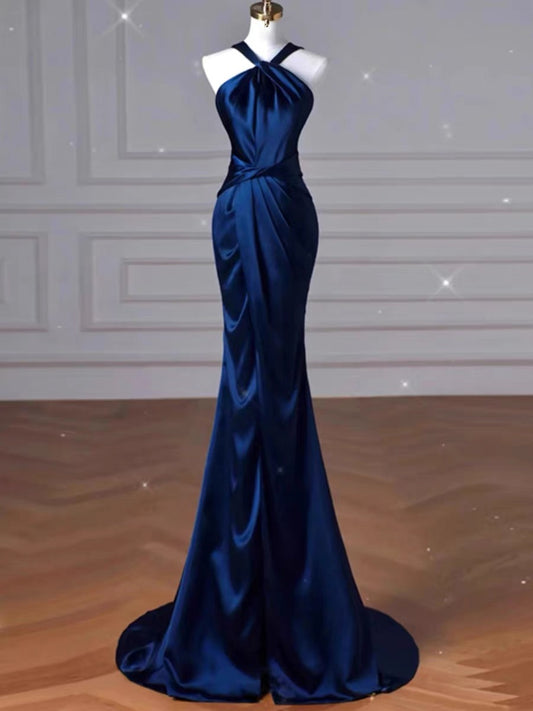 Robe de soirée longue en satin bleu marine à col haut et sirène sexy avec volants C3231