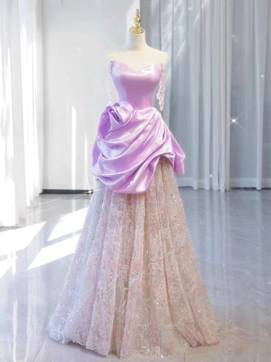 Robe de soirée longue élégante en satin rose à volants et épaules dénudées C3233