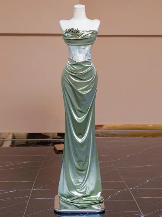 Robe de soirée sexy sirène sans bretelles en satin vert longue robe de bal robe de soirée à volants C3234