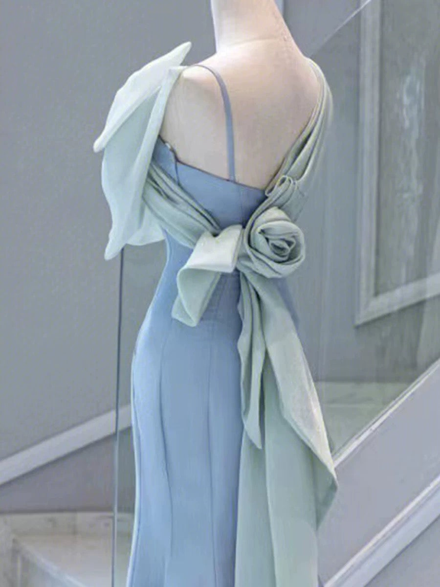 Robe de soirée élégante sirène asymétrique en satin bleu ciel clair avec nœud et longue robe de bal C3235