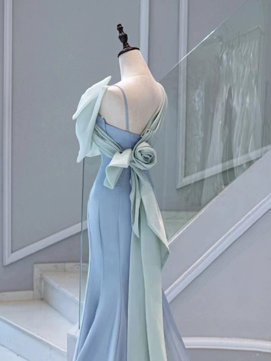 Robe de soirée élégante sirène asymétrique en satin bleu ciel clair avec nœud et longue robe de bal C3235