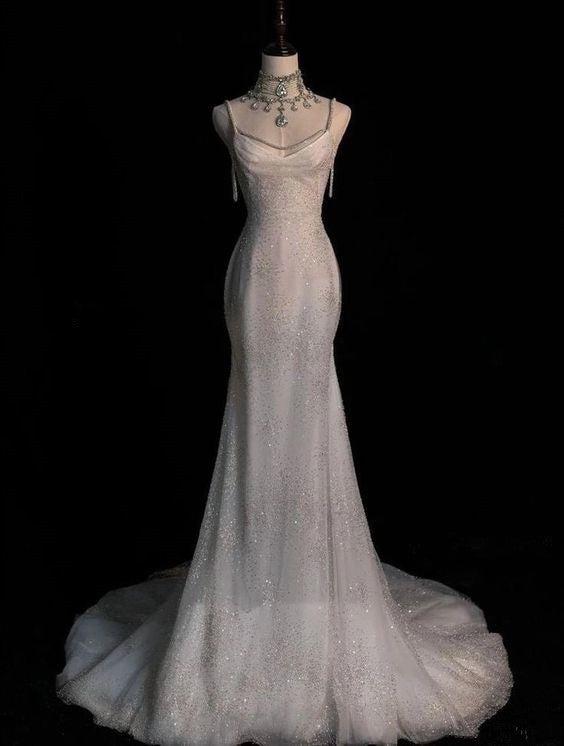 Robe de mariée sirène élégante, bretelles Spaghetti, paillettes, longues, C324