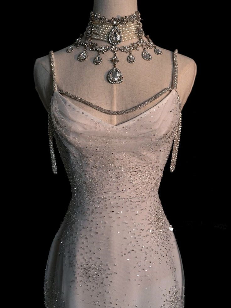 Robe de mariée sirène élégante, bretelles Spaghetti, paillettes, longues, C324