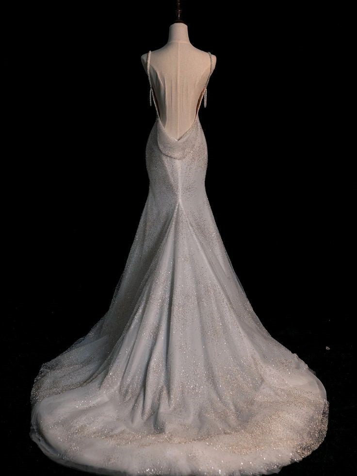 Robe de mariée sirène élégante, bretelles Spaghetti, paillettes, longues, C324