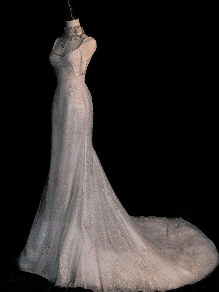 Robe de mariée sirène élégante, bretelles Spaghetti, paillettes, longues, C324