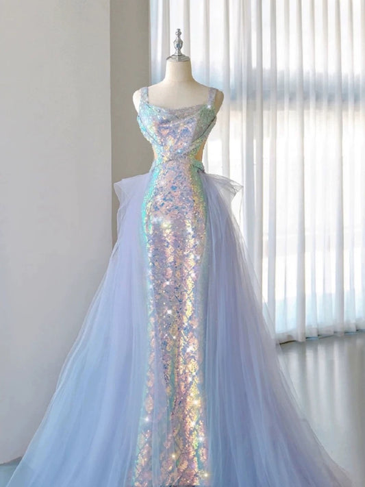 Robe de soirée longue élégante à paillettes bleues et décolleté carré style sirène C3240