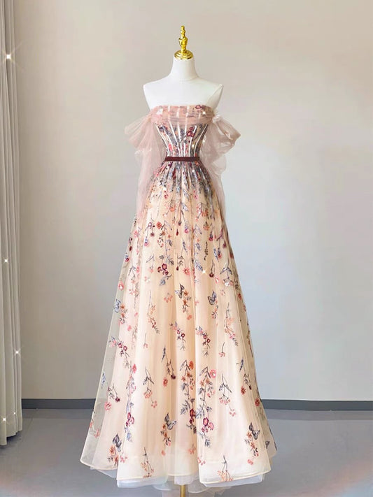 Robe de soirée longue élégante en dentelle florale sans bretelles à épaules dénudées C3247