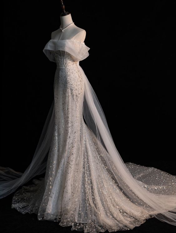 Robe de mariée longue sirène élégante, épaules dénudées, paillettes, C325