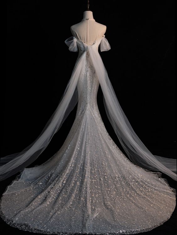 Robe de mariée longue sirène élégante, épaules dénudées, paillettes, C325