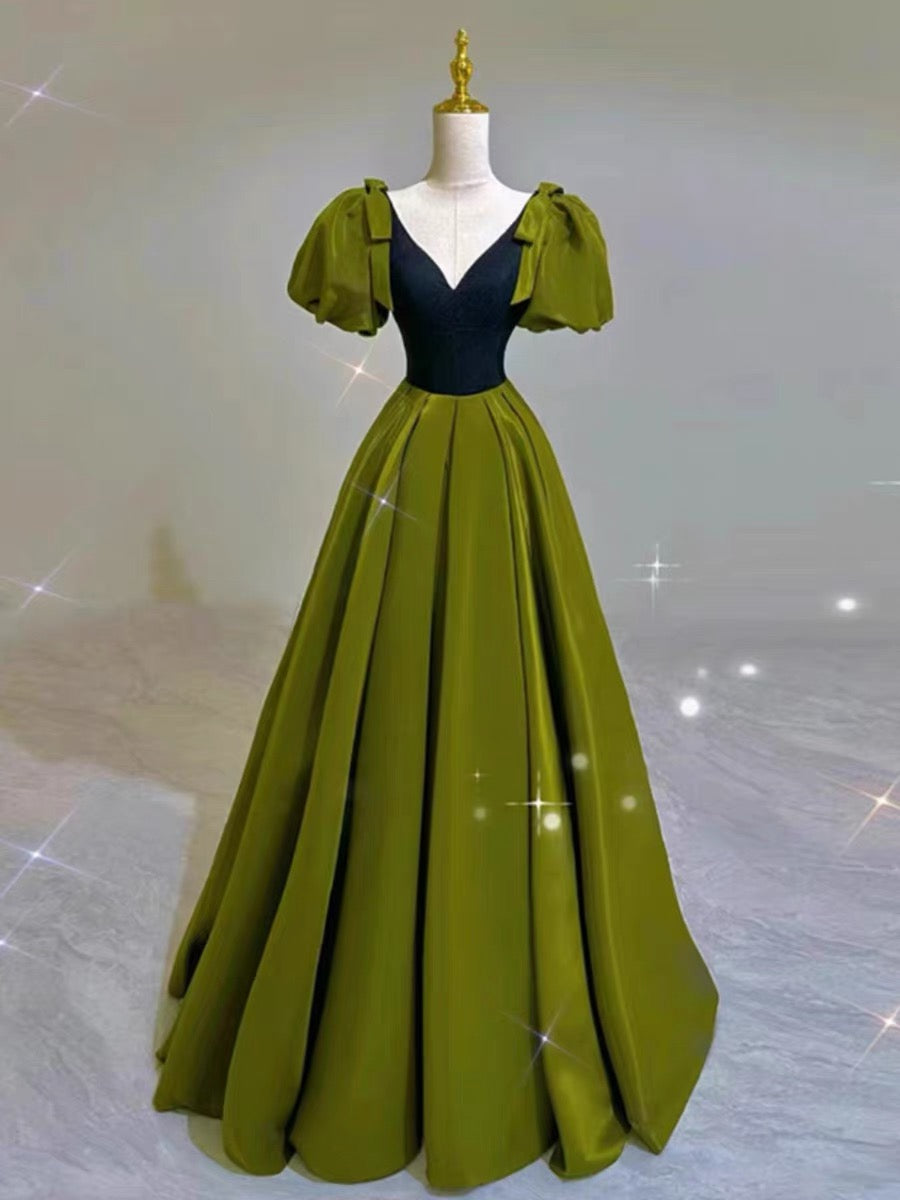 Robe de bal élégante en satin vert olive à décolleté en V, longue robe de soirée C3250