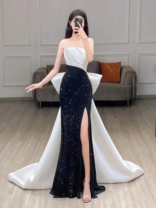 Elegant Mermaid Strapless Black Sequin Long Prom Dress Evening Dresses C3269