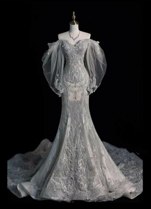 Robe de mariée sirène élégante, épaules dénudées, en Tulle et dentelle, longue, C327