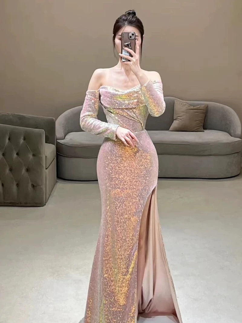 Elegant Mermaid Strapless Pink Slit Sequin Long Prom Dress Evening Dresses C3270