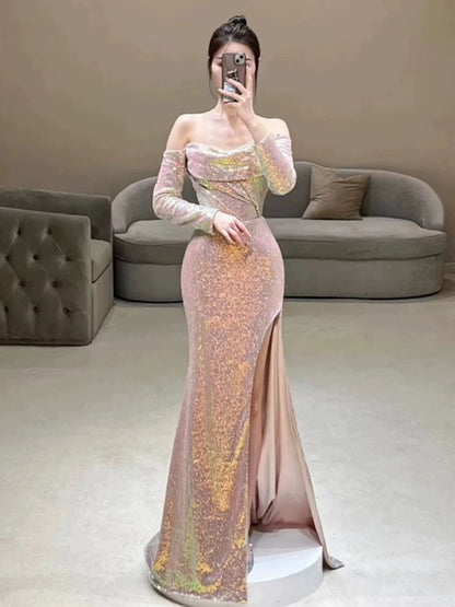 Elegant Mermaid Strapless Pink Slit Sequin Long Prom Dress Evening Dresses C3270