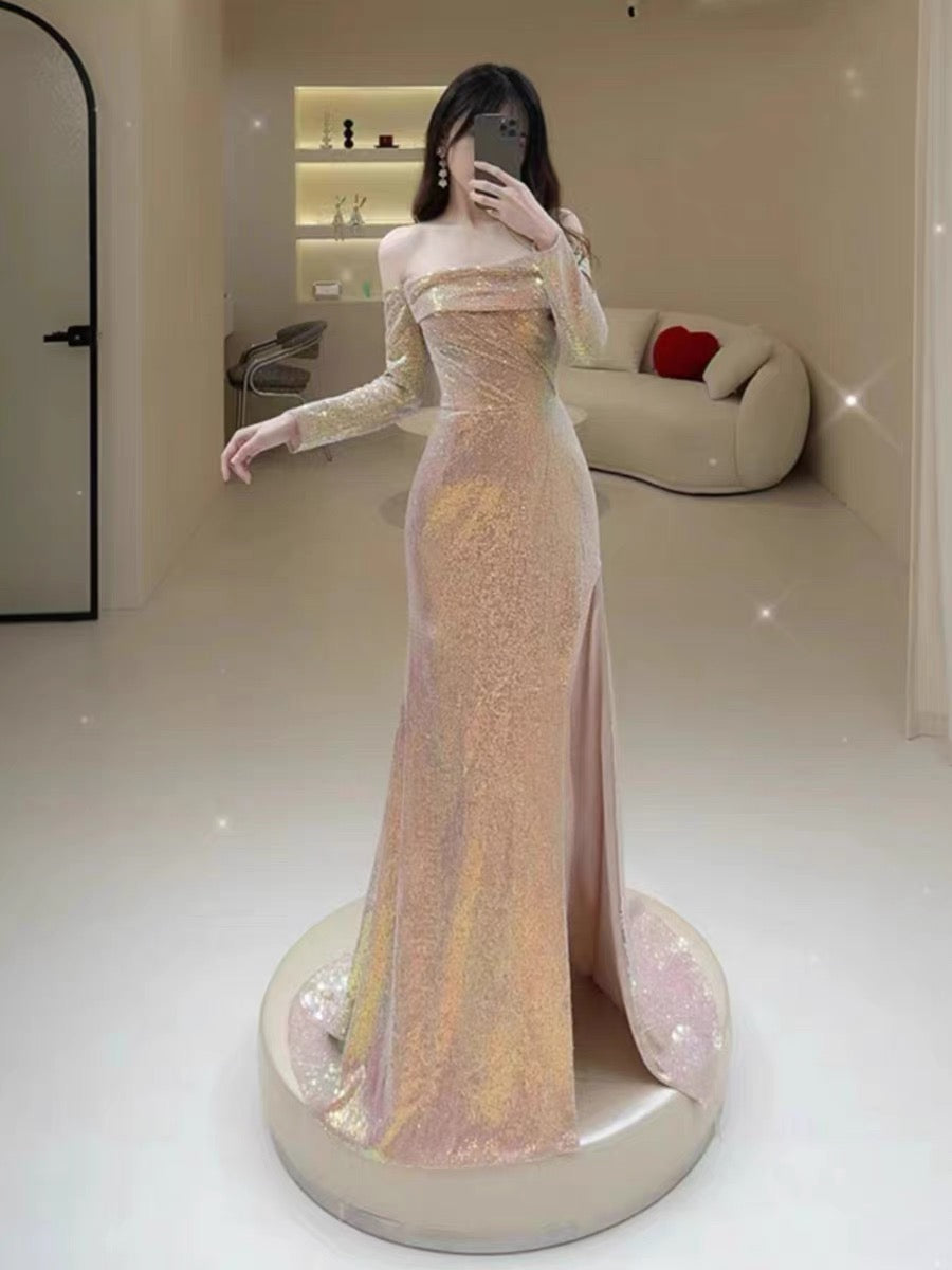 Elegant Mermaid Strapless Pink Slit Sequin Long Prom Dress Evening Dresses C3270