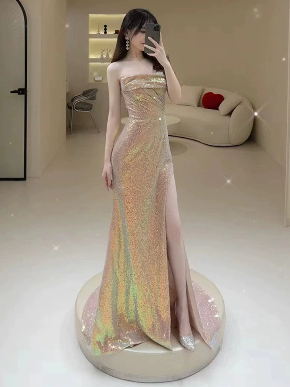 Elegant Mermaid Strapless Pink Slit Sequin Long Prom Dress Evening Dresses C3270