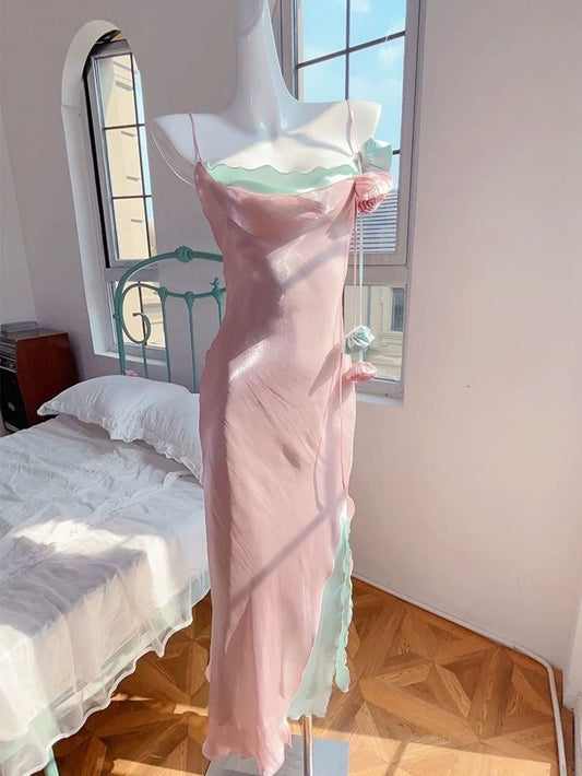 Robe de soirée longue rose à bretelles spaghetti et ligne A mignonne sans manches C3277