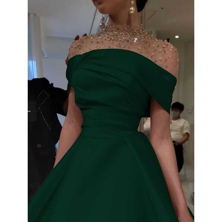 Elegant A-Line Evening Gown Elegant Dress Formal Floor Length Short Sleeve Illusion Neck Satin with Ruched Beading Prom Dress C3284