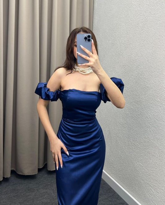 Robe de soirée sexy fourreau à épaules dénudées bleu royal longue en satin C3289