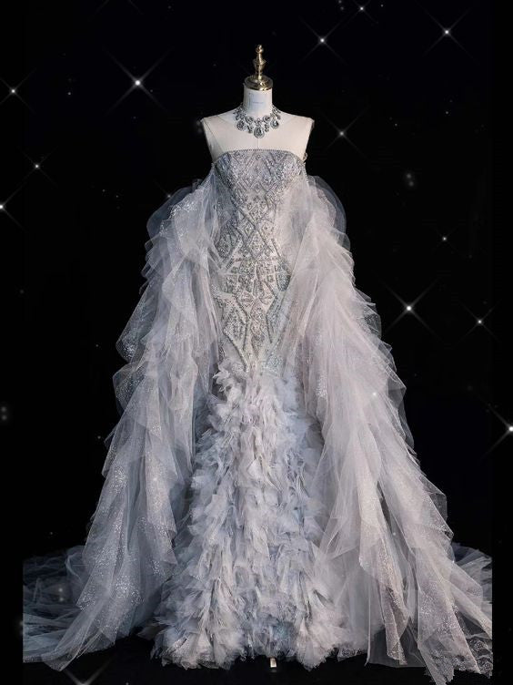 Robe de mariée longue sirène élégante, sans bretelles, en Tulle, à paillettes, C329